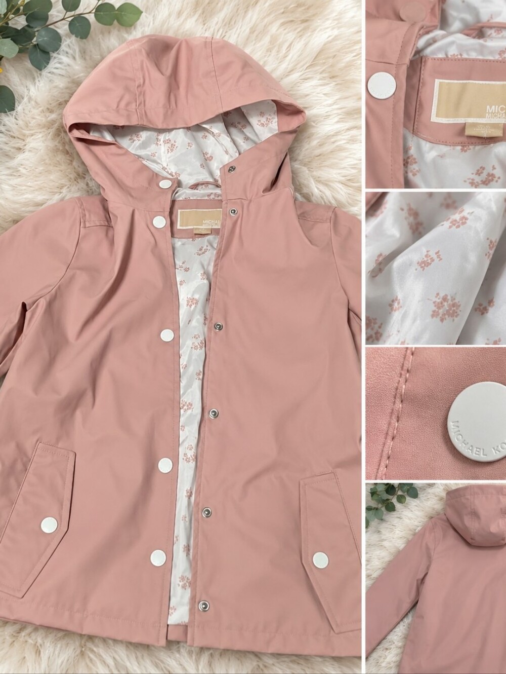 Michael Kors Girls Size 10 Pink Hooded Raincoat Floral Lining Jacket